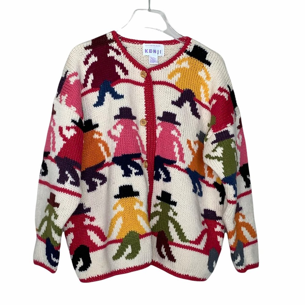 Kenji Novelty Multicolor Knitted By Hand Button Front Cardigan Sweater One Size